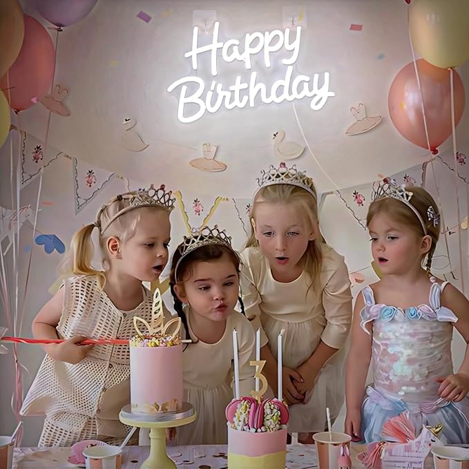 Happy Birthday Neon Sign with Dimmable, 15.5x9.7 Inch Happy Birthday LED Neon Light for Wall Decor, LED Up Light with USB Powered for All Birthday Party Decoration, Backdrop Wall (White)