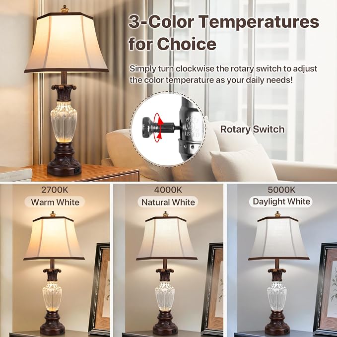 28.5" Table Lamps Set of 2, Vintage Glass Nightstand Lamps with USB Ports | Farmhouse Lamps for Living Room Bedroom, 3-Color Temperatures Bedside Lamp, Resin Brown Lamp with Nightlight, Bulbs Included