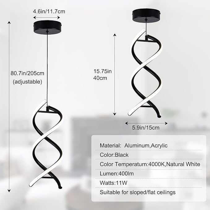 MAYNA Spiral Led Pendant Light Fixture,11W Modern Led Chandelier, 4000K Adjustable Height Hanging Light Fixture for Kitchen Living Room Dinning Room Bedroom Cafe Table, 1 Pack (Black)