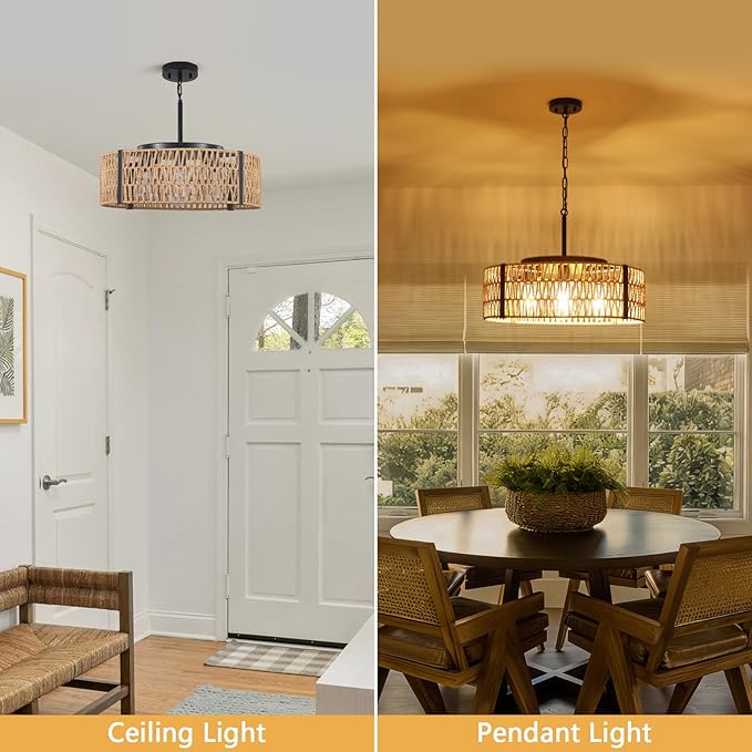 Large Farmhouse Rattan Chandelier, 5-Light 21.6”Boho Chandeliers Light Fixture with Rustic Wicker Hand Woven Pendant Light for Living Room,Kitchen Island Bedroom(E26 Bulbs Not Included)