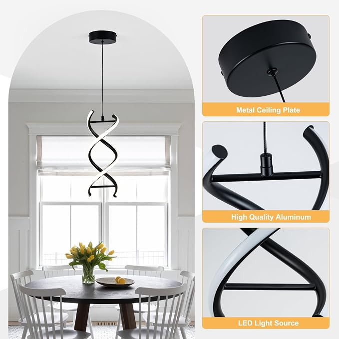 MAYNA Spiral Led Pendant Light Fixture,11W Modern Led Chandelier, 4000K Adjustable Height Hanging Light Fixture for Kitchen Living Room Dinning Room Bedroom Cafe Table, 1 Pack (Black)