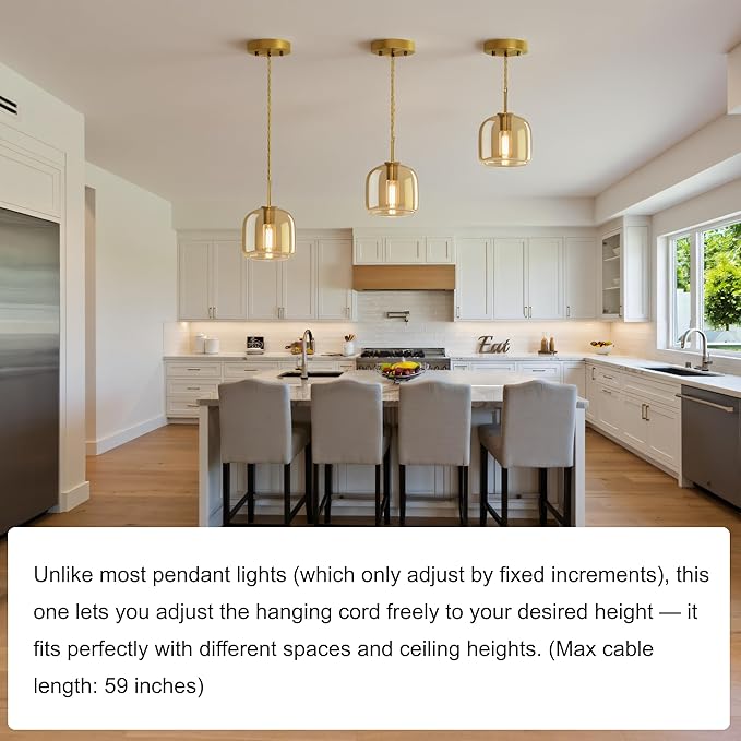 Pendant Lights 3 Pack,Pendant Kitchen Island Light with Amber Glass Shade,Gold Pendant Light Adjustable Hanging Light for Dining Room,Kitchen Island,Hallway,Living Room and Coffee Shop