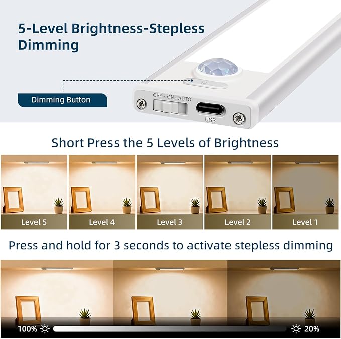 5 Pack Dimmable Under Cabinet Lighting, 32 LED Rechargeable Battery Motion Sensor Light Indoor, Stick On Magnetic Closet Lights, Under Counter Lights for Kitchen, Stairs, Warm Light 8 in