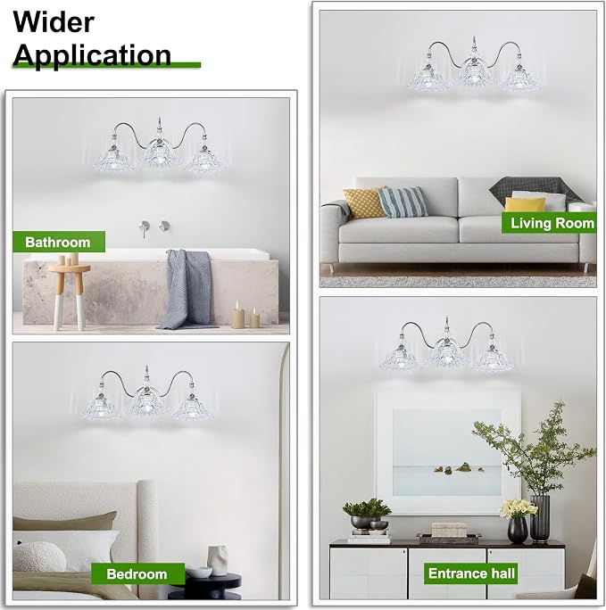 Chrome Bathroom Vanity Light Fixtures 3 Lights Vanity Lights for Bathroom with Floral Crystal Glass Shade Modern Wall Sconce Light for Mirror(Exclude E26 Bulb)