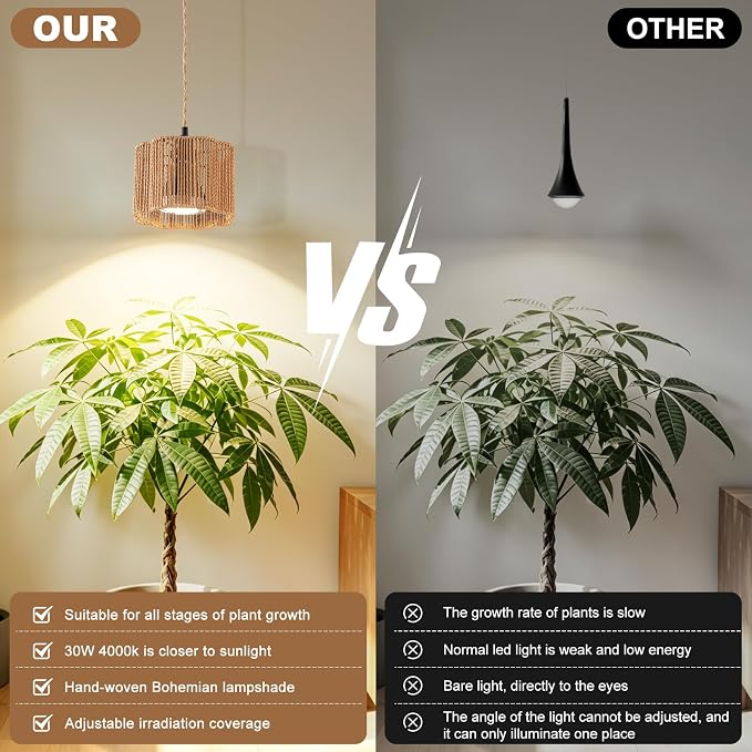 Hanging Grow Light, 30W LED Lamp with Timer for Indoor Plants | 4000K LED plant lamp with 15 ft cord, outlet timer, and boho paper rope shade for succulents, herbs, and low-light rooms.