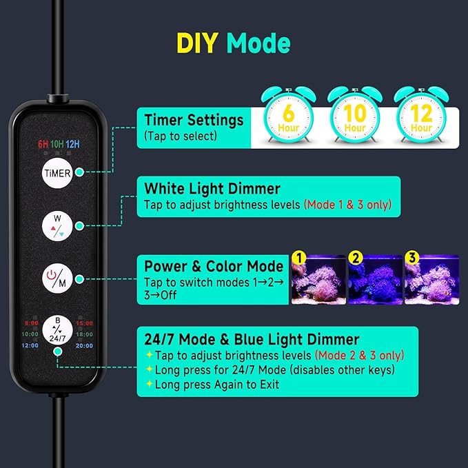 fishkeeper Clip On 24/7 Saltwater Aquarium LED Light, 12W Reef Lights for Coral DIY Color/Brightness Fish Tank Light with Timer for Coral Marine Tank Memory Function