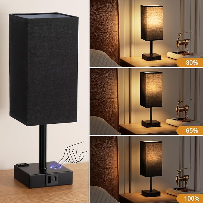 3000K Black Table Lamp for Bedroom - Dimmable Touch, USB C+A, AC Outlet | 3-Way Dimming, 3000K Warm White Bulb Included, Nightstand Lamp with Square Linen Shade, Small Room Decor for Men, Boys, Desk