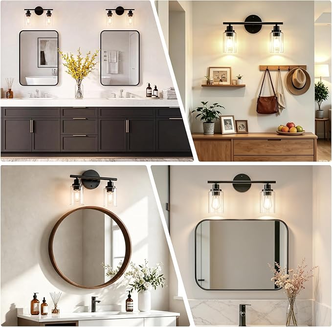 LEDVANCE Sylvania Modern Bathroom Light Fixture with 2 Clear Glass Shades, Iron with Black Finish, E26 Medium Base, Vanity Lights for Bathrooms, Foyers, Entryways - 1 Pack (67971)
