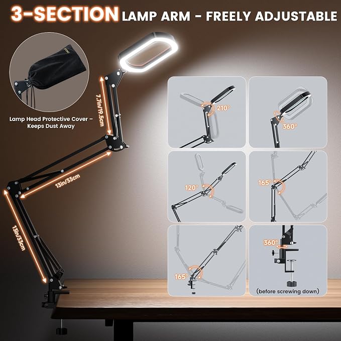 10X Rectangle Magnifying Lamp, Large Magnifying Light with 5 Color Modes | Magnifying Glass with light and Clamp, Hands Free, for Close Work, Crafts, Jeweller Repair, Painting, Hobbies