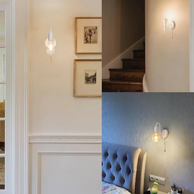 Hardwired Pull Chain Wall Sconce White, 1-Light Wall Light Fixture with On Off Switch, Small Vintage Metal Wall Lamp Indoor for Bedroom Kitchen, Bulb Not Included