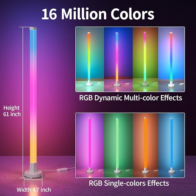 Corner Floor Lamp, Smart RGB LED Corner Lamp with App & Remote Control, 16 Million Colors & 200+ Scene Modes, DIY Assembly Standing Ambient Lighting for Living Room, Bedroom, Gaming Room
