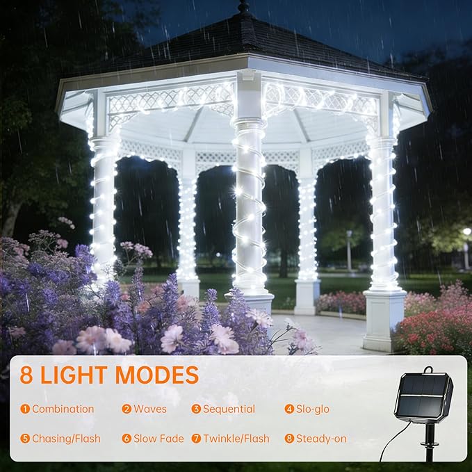 Solar Rope Lights for outside, 66ft 200 LED Solar string Lights with 8 Modes, Waterproof Solar Outdoor Light for Patio Garden Party Tree Porch Pool Fence Outdoor Holiday Xmas Decoration-White