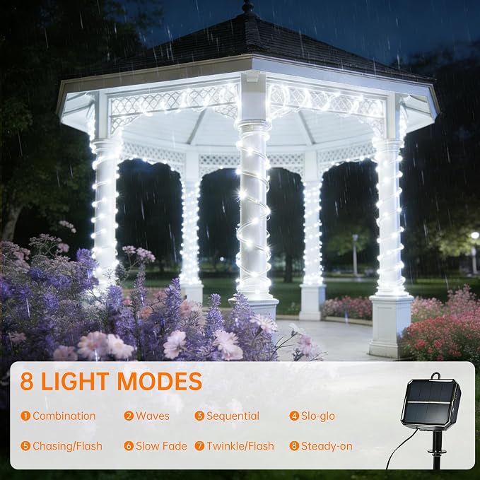 Solar Rope Lights for Outside, 2 Packs Total 132ft 400 LED Solar String Lights with 8 Modes, Waterproof Solar Outdoor Light for Patio Garden Party Tree Porch Pool Holiday Xmas Decor- White