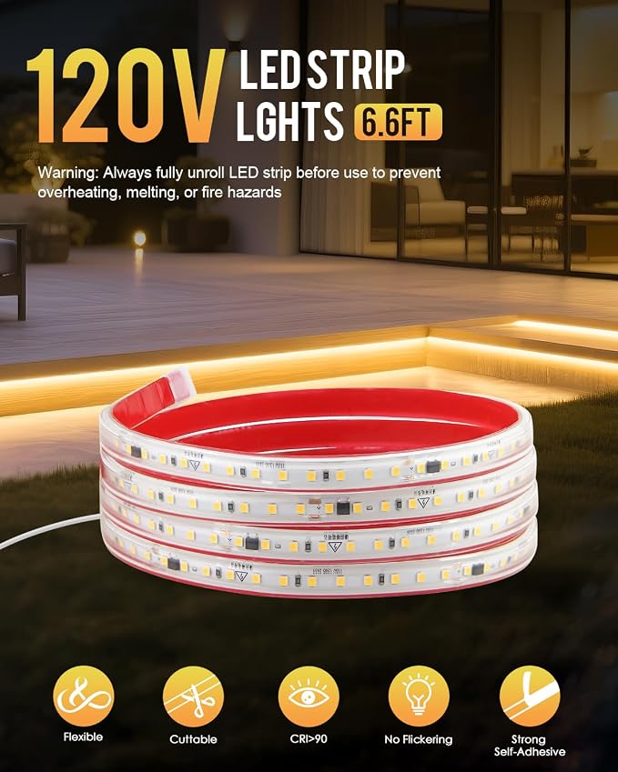 Aclorol AC 110V LED Light Strip 6.56FT/2M 240 LEDs Warm White 3000K LED Rope Lights Outdoor Waterproof IP65 Flexible for Garden Kitchen Cabinets Living Room Indoor and Outdoor Lighting Decor