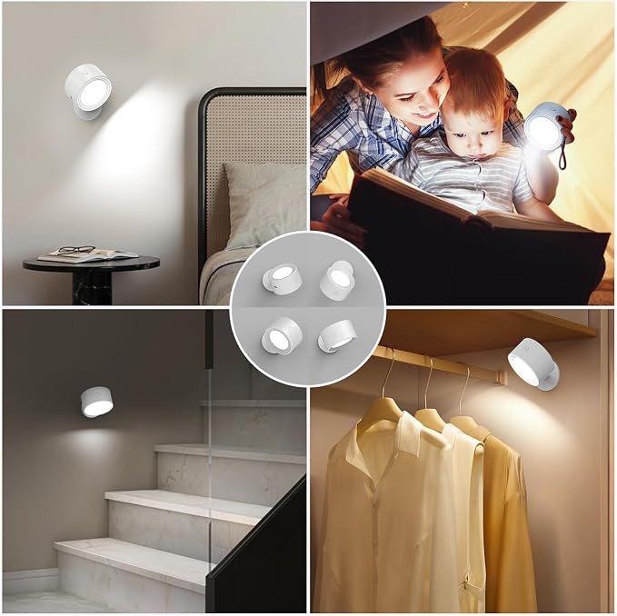 Racokky LED Wall Lights 2 Pcs with Remote, Wall Sconces Lamp 3000mAh Rechargeable Battery Operated, 3 Color Temperatures & Dimmable Magnetic 360° Rotation Cordless Light for Bedroom Reading(White)