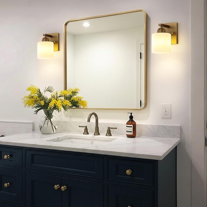 Mecgirn Brass Milk Glass Wall Sconces, 1 Pack Hardwired Indoor Wall Light Fixtures for Living Room, Hallway, Bedroom, Ceramic E26 Sockets (Bulbs Not Included)