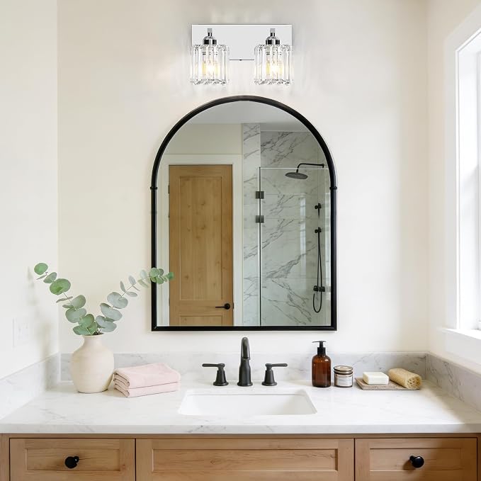 Brushed Chrome Crystal Bathroom Vanity Light, 2-Light Modern Bathroom Lighting Fixtures Over Mirror,Chrome Wall Sconce Light Fixtures with Square Shade