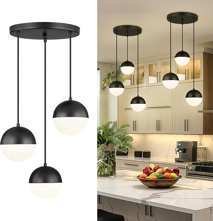 Mid Century 3-Light Cluster Pendant Lights, Matte Black Kitchen Island Light Fixtures with White Globe Glass Shade, Adjustable Hanging Light for Home Office Bathroom Dining Room, LMS-186BK3