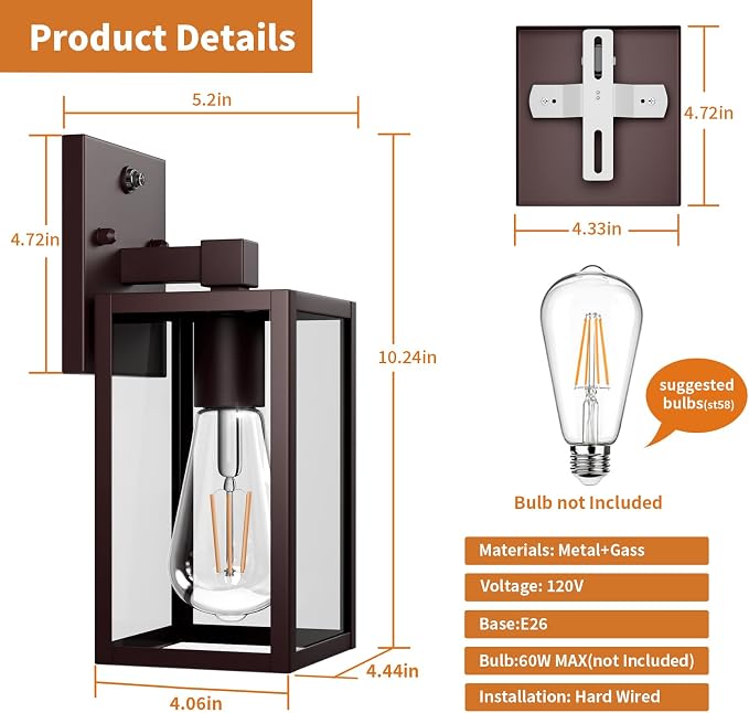 2 Pack Oil Rubbed Bronze Dusk to Dawn Outdoor Lantern Lamp Wall Mount, Sensor Exterior Lighting Fixtures, Outside Porch Lights for House, Waterproof Wall Sconce Lights, Coach Light for Garage Entryway