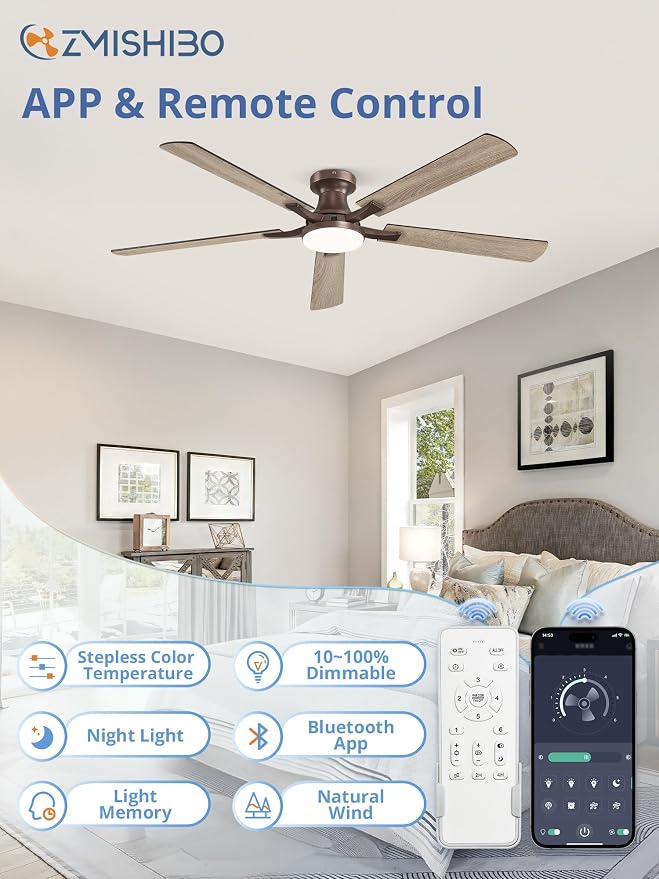 ZMISHIBO 60 Inch Ceiling Fans with Lights, Remote&App Control, Flush Mount | Low Profile, Dimmable 20W LED Light, Quiet Reversible Motor, Strong Airflow, Easy Install for Bedroom/Living Room/Apt, Brown
