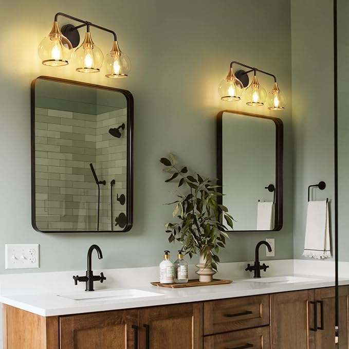 Black and Gold Bathroom Vanity Light 3-Lights Bathroom Light Fixtures Over Mirror with Clear Glass Shade 22.4 inch Wall Sconce Lighting Bath(Exclude E26 Bulb)