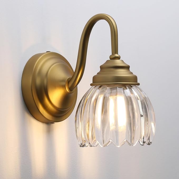 Phansthy Vintage Brass Boho Wall Sconces, Hardwired Wall Lights with Tulip Glass Lampshade, Brass Vanity Lamp Modern Wall Lighting Fixtures for Bedroom, Living Room, Hallway (Antique + Clear Shade)
