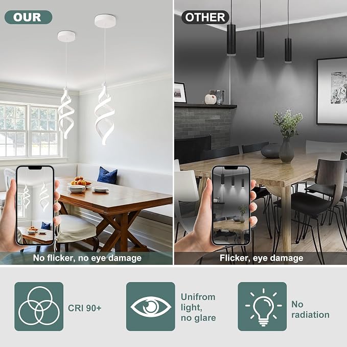 Modern Led Pendant Light Fixture, 15W White Spiral Led Chandelier Hanging Lamp, 4500K Daylight White Pendant Lamp, Adjustable Height Pendant Light for Kitchen Dining Room Bedroom Kitchen Island Cafe