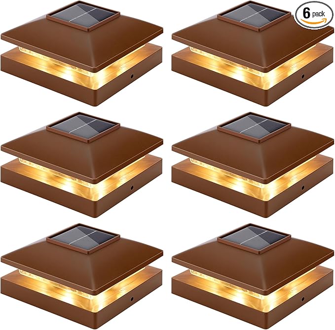 Solar Post Cap Lights Outdoor 6pack, Brown Waterproof Solar Powered Deck Fence Post Lights Fit 4x4 Wood/Vinyl Posts, Bright Warm White Solar Post Lights Decorate Deck, Patio, Porch, Fence (6pack)