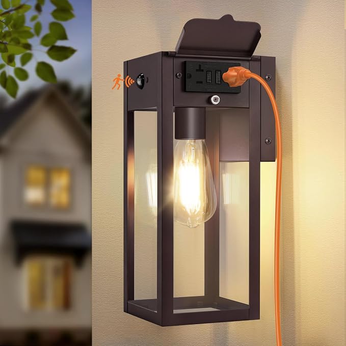 Porch Lights with GFCI Outlet, Motion Sensor Outdoor Lights | Dusk to Dawn, Anti-Rust, Waterproof, Tempered Glass, Easy Installation, E26 Socket, Exterior Lighting for Patio, Brown