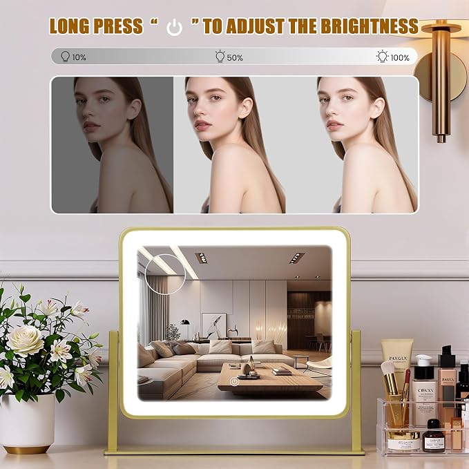 Rechargeable Vanity Mirror with Lights, 3000mAH Battery, 14"×12" LED Makeup Mirror, 10X Magnification, Smart Touch with 3-Color Lighting, 360° Rotation, Lighted Up for Makeup Desk, Bedroom (Gold)