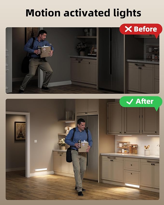 Under Cabinet Lighting Wireless,Rechargeable Battery Motion Sensor Light Indoor,LED Closet Lights USB Charging,3 Color Dimmable Under Cabinet Lights for Kitchen, Cabinet, Wardrobe (3 Pcs) 16inch