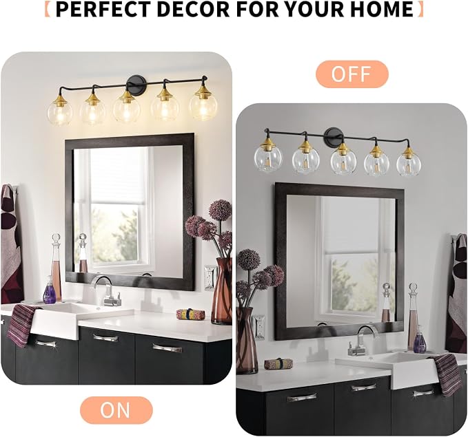 Bathroom Vanity Light 5-Light Black and Gold Vanity Light 39" | Modern Vanity Lighting Fixtures Over Mirror, Thickened Clear Glass Shade, UL E26 Dimmable Vanity Light Fixtures