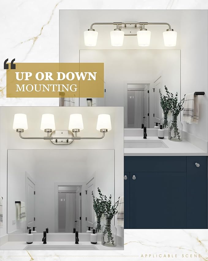 4-Light Brushed Nickel Bathroom Light Fixtures Over Mirror | Vanity Lighting Fixtures with Milk White Glass, Vintage Farmhouse Wall Sconces Lighting, AD-22004-4W-SN