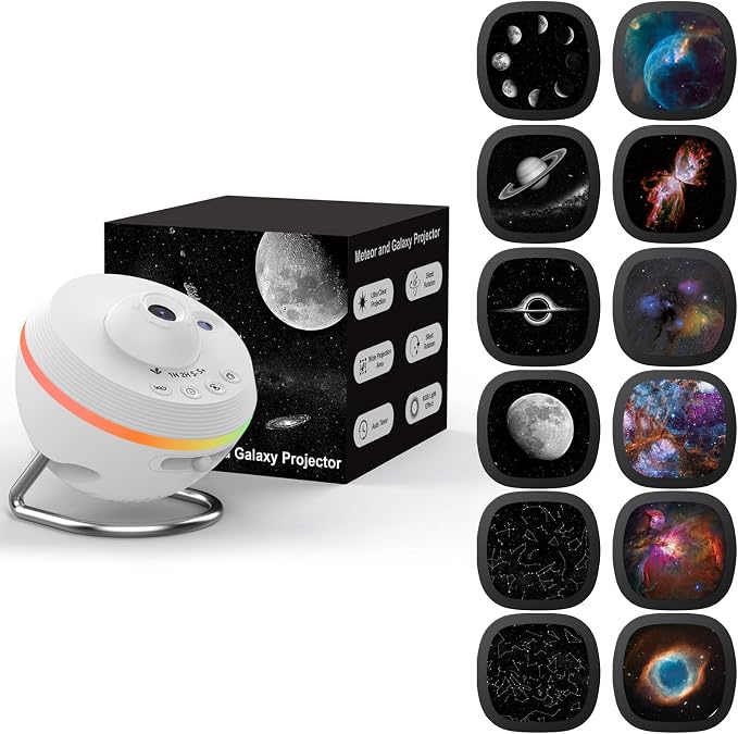 Galaxy Projector, Star Projector Planetarium with 13 Disc for Bedroom Deko | 5K HD Projection • Dynamic Meteor • RGB Ambient Light Strip • Auto Timer • Expandable Slide Set • Gift for Kids & Adults
