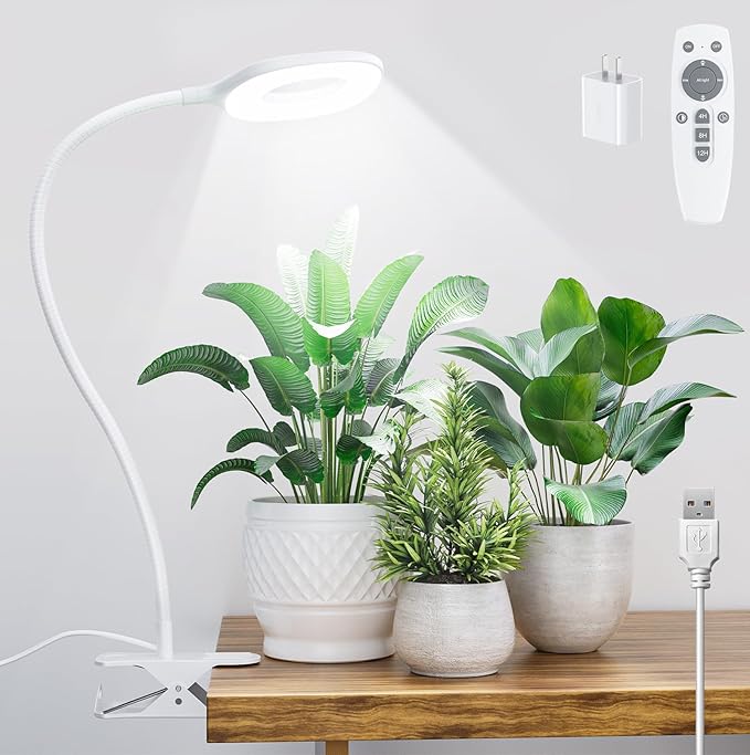Full Spectrum Grow Lights for Indoor Plants, Clip On Plant Lights for Indoor Growing with 4/8/12H Timer, 3 Light Modes, 10 Dimmable Levels, Adjustable Gooseneck, Remote Control
