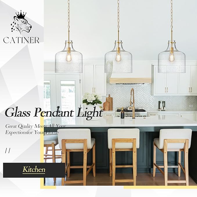 12" Gold Glass Pendant Light, Seeded Bubble Shade Modern Farmhouse Hanging Light for Kitchen Island, Dining Room, E26 Dimmable Ceiling Fixture