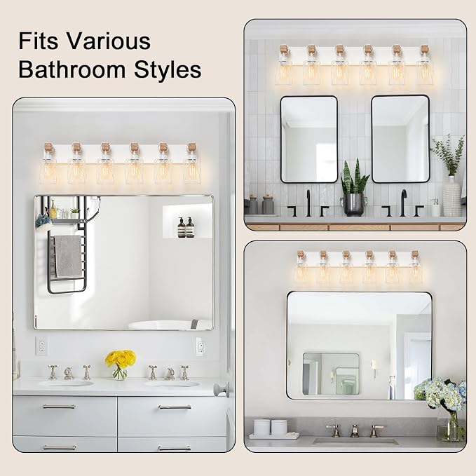 IZORRO Farmhouse Bathroom Vanity Light, 6-Light Wood Bathroom Light Fixtures Over Mirror, Matte White Industrial Vanity Lights with Metal Shade, Rustic Restroom Lighting Fixtures