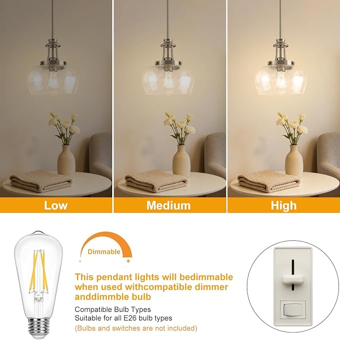 Modern Pendant Lights Kitchen Island, Brushed Nickel Pendant Light Fixtures with 10" Clear Air Bubble Glass Shade, Industrial Hanging Pendant Lights Fixture for Kitchen Island Dining Room Entryway