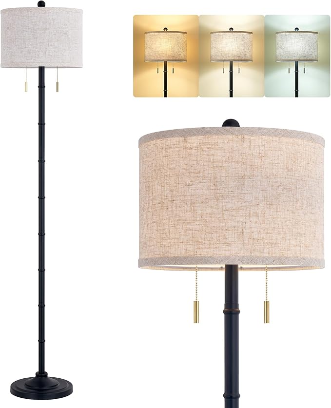 Upgraded 2-Light Mid Century Modern Black Floor Lamp for Living Room | 63.5'' Tall Floor Lamp with 3 Color Temp Bulbs, Living Room Lamp with Chain Switch, Standing Lamp for Bedroom, Office, Corner