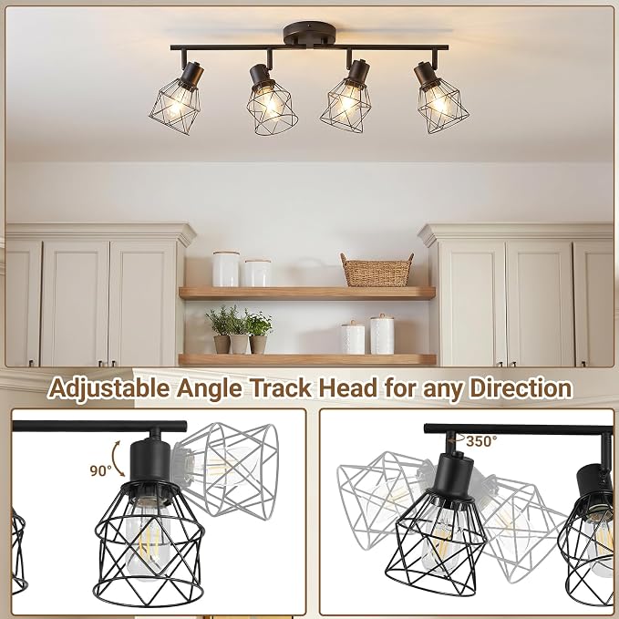 LOUSACE 4-Light Ceiling Track Lighting Fixtures, Multi-Directional Flush Mount Ceiling Spot Lights, Rotatable Black Track Light with Metal Cage for Dining Room, Living Room, E26 Base