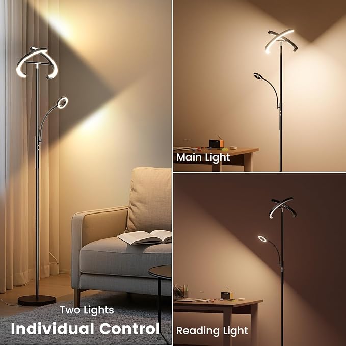 LED Floor Lamp for Living Room - Modern Standing Lamp with Reading Light, Remote Touch Control Floor Light Dimmable Mother-Daughter Tall Bedroom Lamp for Couch Office, 29W, Black