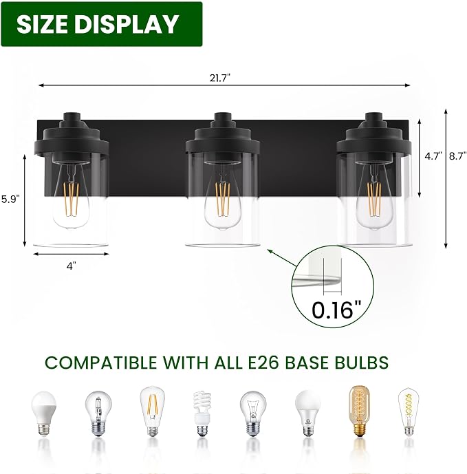 Bathroom Vanity Light, 3-Light Modern Black Vanity Light Fixtures with Clear Glass Shade, 22in Matte Black Bathroom Light Fixtures Over Mirror, Rustic Restroom Lighting Fixtures