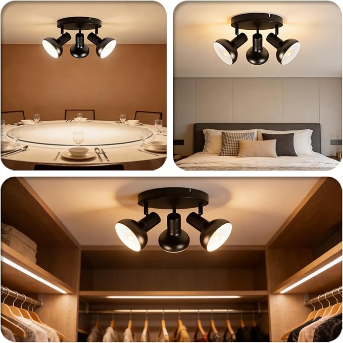 HiBay 3-Light Track Lighting, Farmhouse Ceiling Light Fixtures Black, Directional Spotlight Round for Kitchen Bedroom Dining Room, E12 Base (Bulbs Not Included)