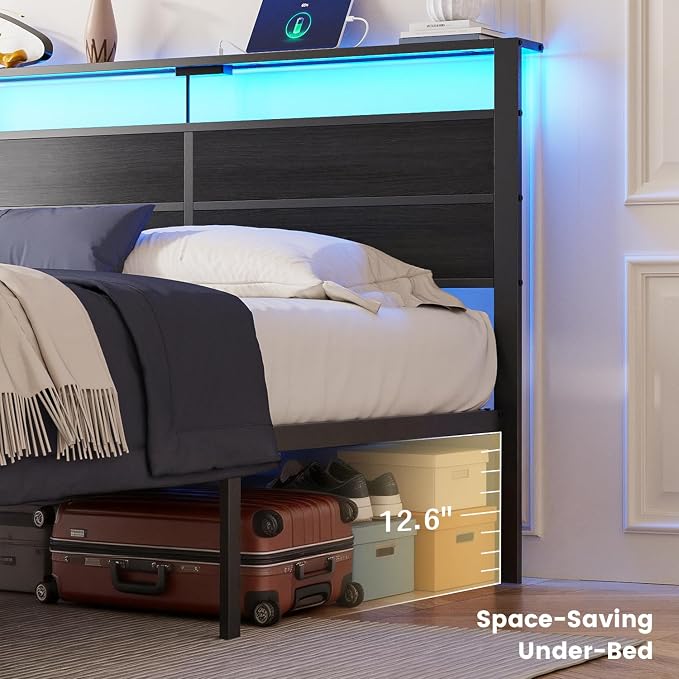 Queen Size Bed Frame with LED Lights and Charging Station Headboard | Black Metal Platform Bed, Storage Shelf, USB+Type C, Noise Free, No Box Spring Needed, Easy Assembly