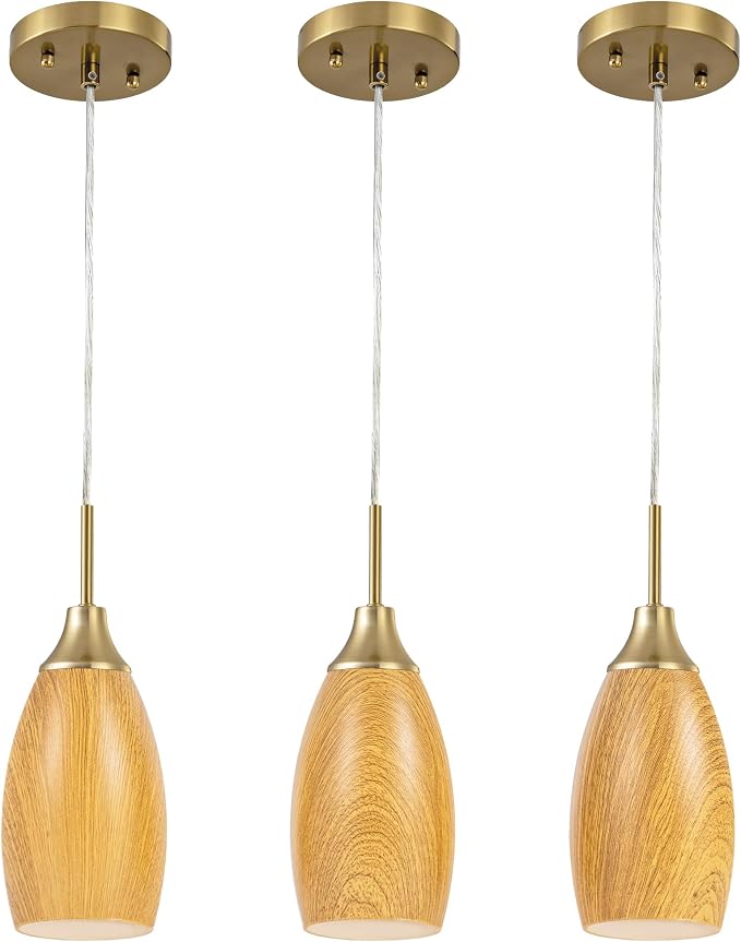 Viinew Mini Glass Pendant Light,3-Pack Walnut Wood Grain Pendant Light | Walnut Wood with Handblown Art Glass Ceiling Light,4.72" Oval Chandelier for Kitchen Island Cafe Hallway