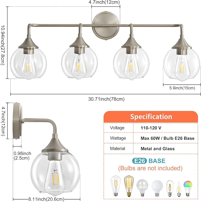 Bathroom Vanity Light 4-Light Brushed Nickel Vanity Lights 31" | Farmhouse Vanity Lighting Fixtures Over Mirror, Thickened Clear Glass Shade, UL E26 Dimmable Vanity Light Fixtures