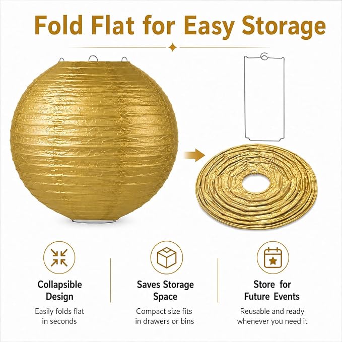 LIHAO 10 Pack Gold Paper Lanterns, 6/8/10/12 Inch, Graduation Party Decor | Chinese Lantern, Ceiling Hanging Decor, Birthday & Wedding Decorations