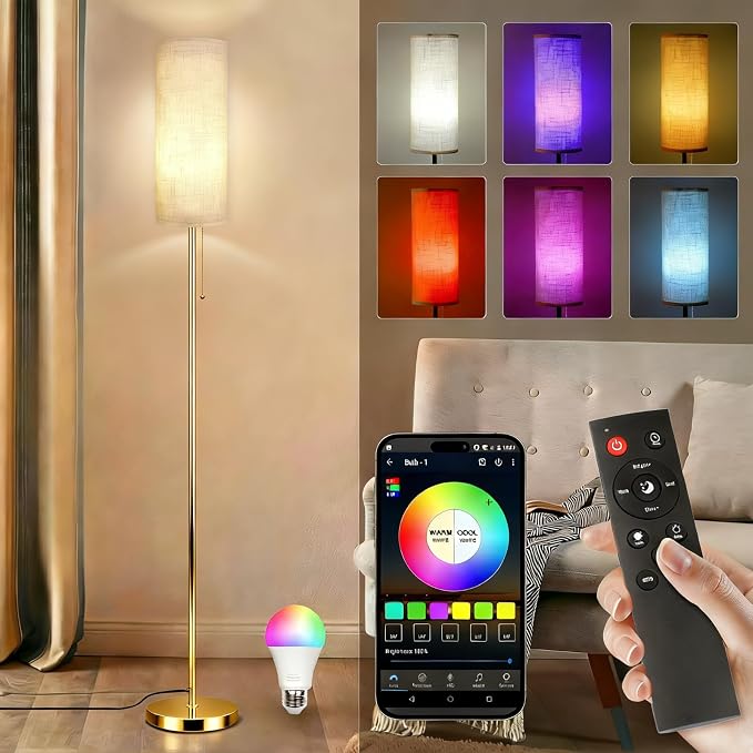 Floor Lamps for Living Room with RGB Color Changing Bulb Dimmable Color Brightness Standing Lamp with Remote Tall Lamps with Chain Switch for Bedroom Office 9W LED Bulb Included, Gold Body RGB Bulb