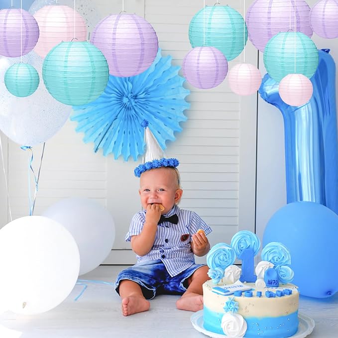 21 Pcs Paper Lanterns Party Decorations, 4/6/8/10 Inch Round Chinese Hanging Paper Lanterns for Mermaid Theme Girl Birthday Party, Wedding, Baby Shower, Graduation, Classroom Ceiling Decorations