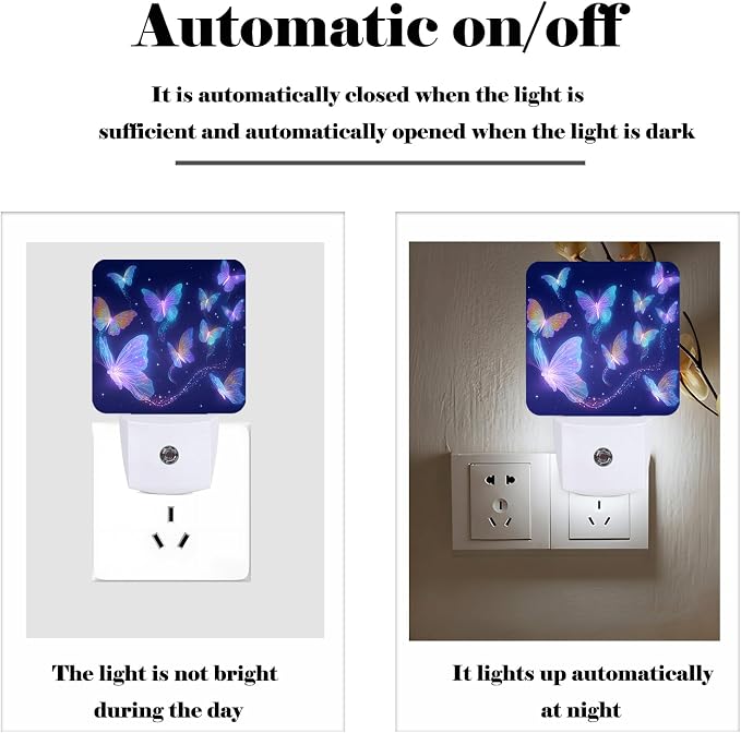 Glowing Purple Butterflies Night Light,Plug Into Wall Decor for Stairway,Hallway,Kitchen,Dusk to Dawn Sensor Nightlights for Boys/Girls/Women/Men Room Gifts
